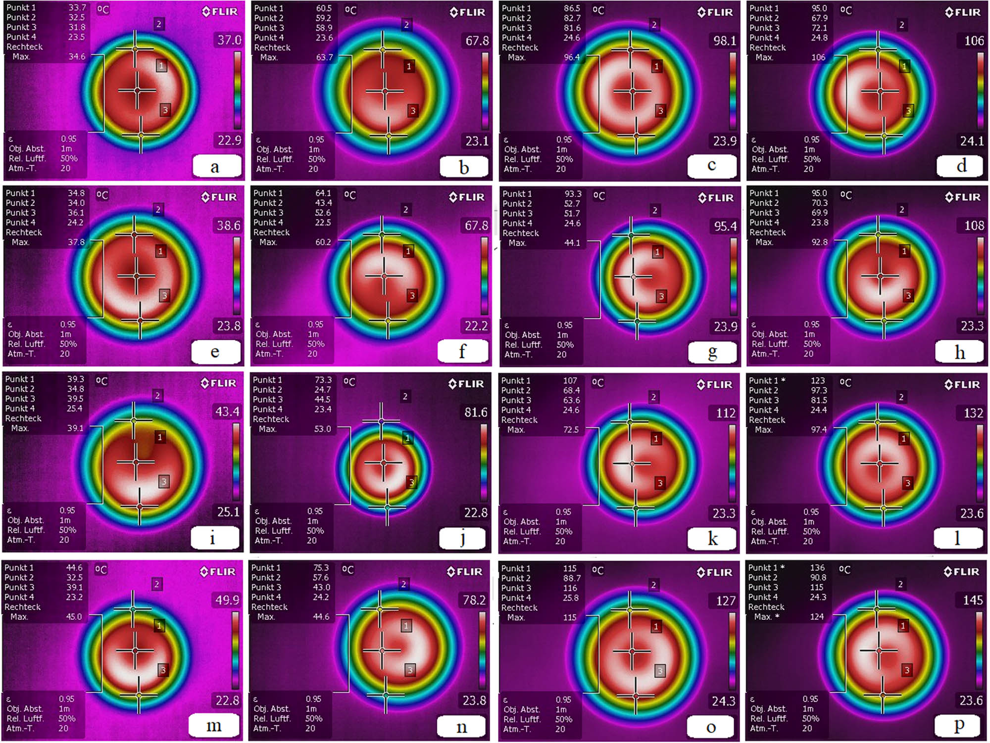 Figure 6 
                  Infrared thermal image: WMA additive (a–d) with CSNPs, (e–h) without CSNPs; without WMA additive (i–l) with CSNPs and (m–p) without CSNP; in different thermal zones: (d, h, l, p) 120 s, (c, g, k, and o) 90 s, (b, f, j, and n) 60 s, and (a, e, I, and m) 30 s. The sample’s diameter is 18 mm.
               