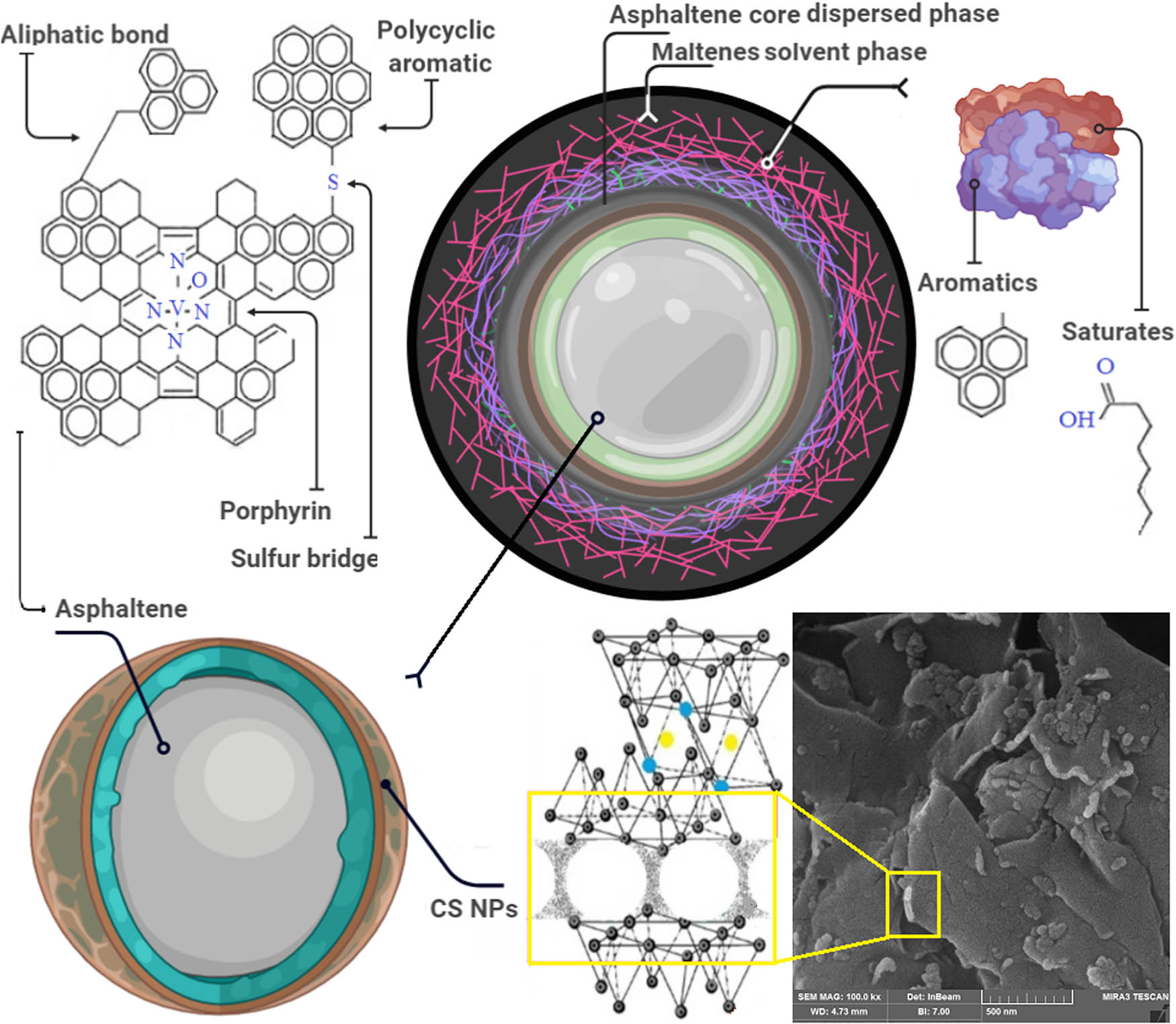 Figure 8 
                  Schematic of action of clay/silica NPs and bitumen compositions.
               