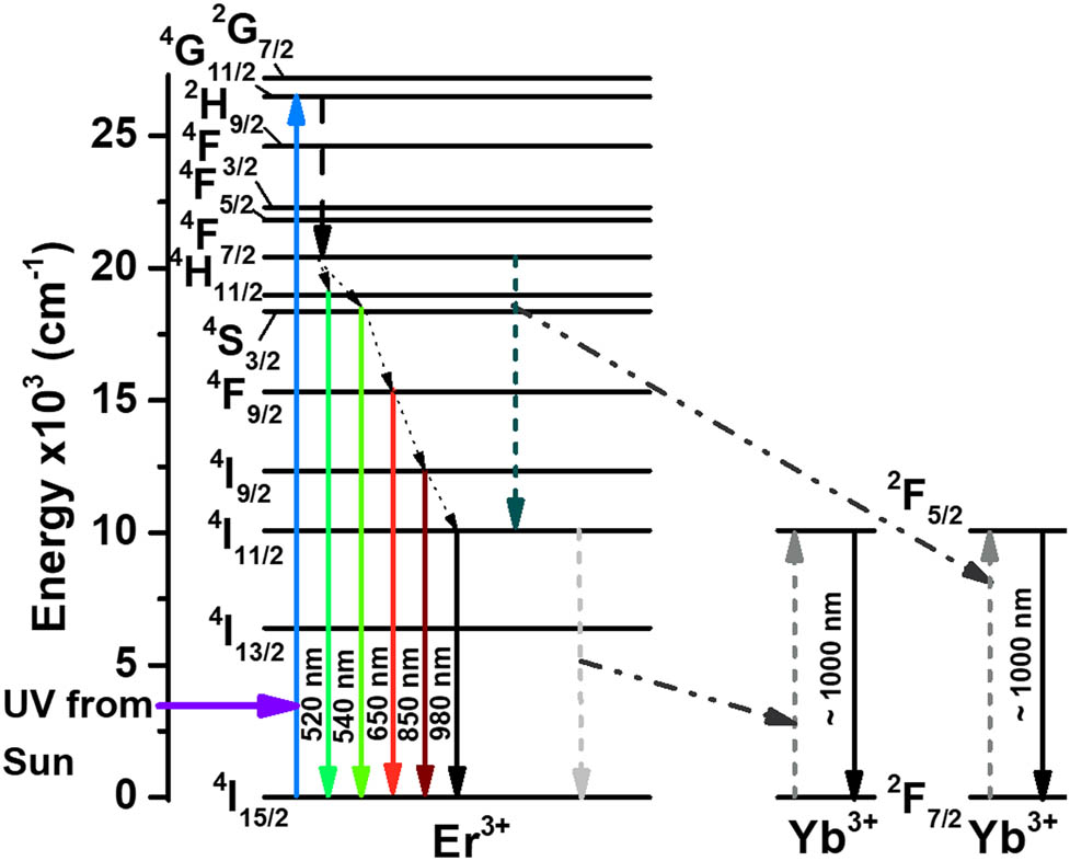Figure 2 
                  Energy level diagram of the couple of ions Er3+–Yb3+.
               