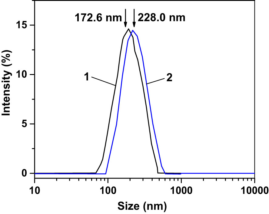 Figure 6 
                  Size distributions by the intensity of the colloids of ball-milled NPs of 
                        
                           
                           
                              
                                 
                                    NaY
                                 
                                 
                                    0.83
                                 
                              
                              
                                 
                                    F
                                 
                                 
                                    4
                                 
                              
                              :
                              
                                 
                                    Yb
                                 
                                 
                                    0.14
                                 
                                 
                                    3
                                    +
                                 
                              
                              
                                 
                                    Er
                                 
                                 
                                    0.03
                                 
                                 
                                    3
                                    +
                                 
                              
                           
                           {\text{NaY}}_{0.83}{\text{F}}_{4}:{\text{Yb}}_{0.14}^{3+}{\text{Er}}_{0.03}^{3+}
                        
                      in 1-propanol obtained with DLS measurement. Distribution 1 corresponds to the NPs made from the large-flake powder; 2 – the NPs made from small-flake powder. Vertical arrows down mark the average size of the NPs (assuming their spherical shape) on the size scale: 172.6 nm for distribution 1 and 228.0 nm for distribution 2.
               