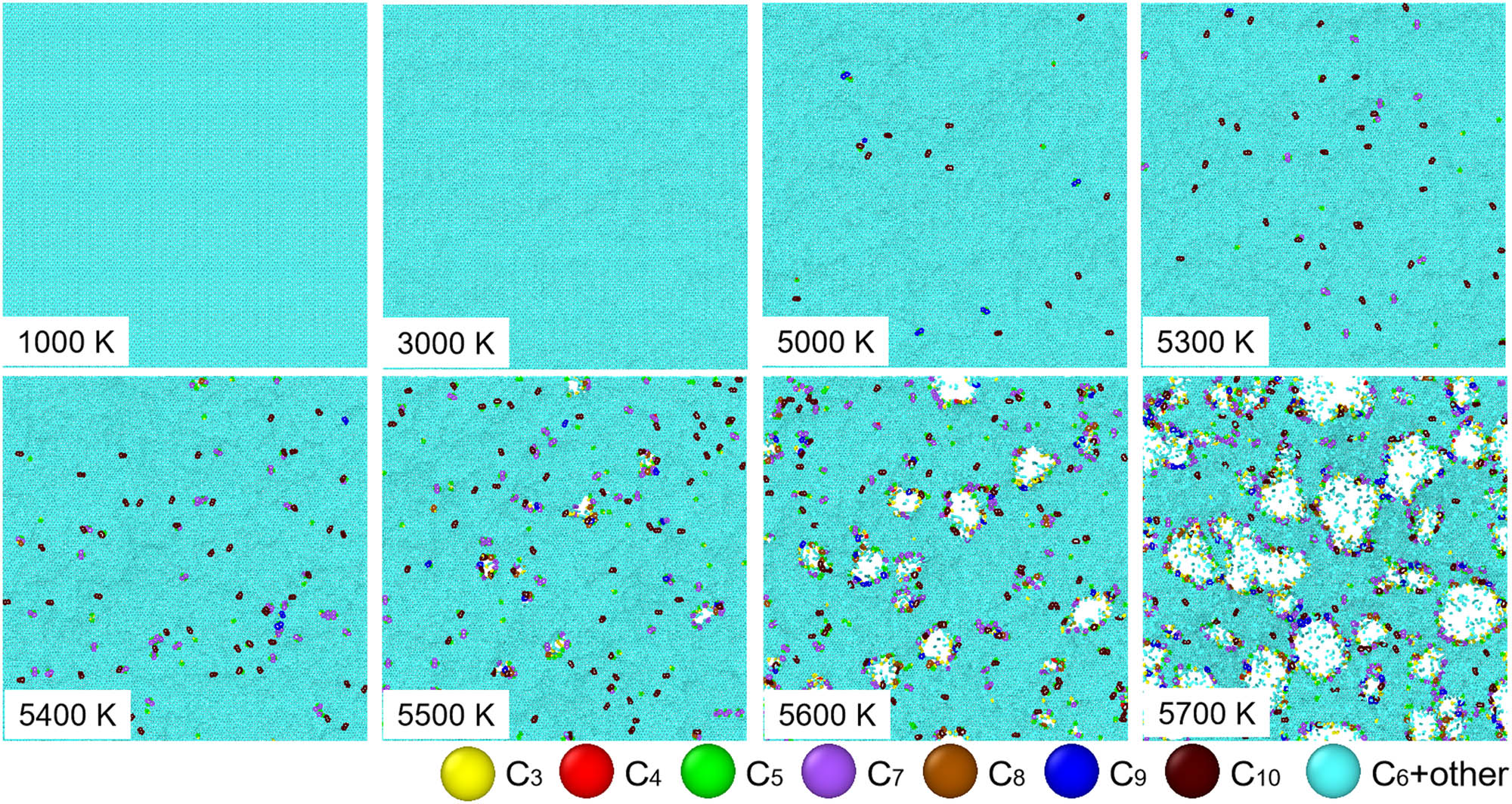 Figure 5
Top views of atomic structure of 2D graphene subjected to heating at eight different T. For enhanced observation of the thermally induced structural transformations, carbon atoms belonging to different polygonal rings from trigon to decagon are color-highlighted.
