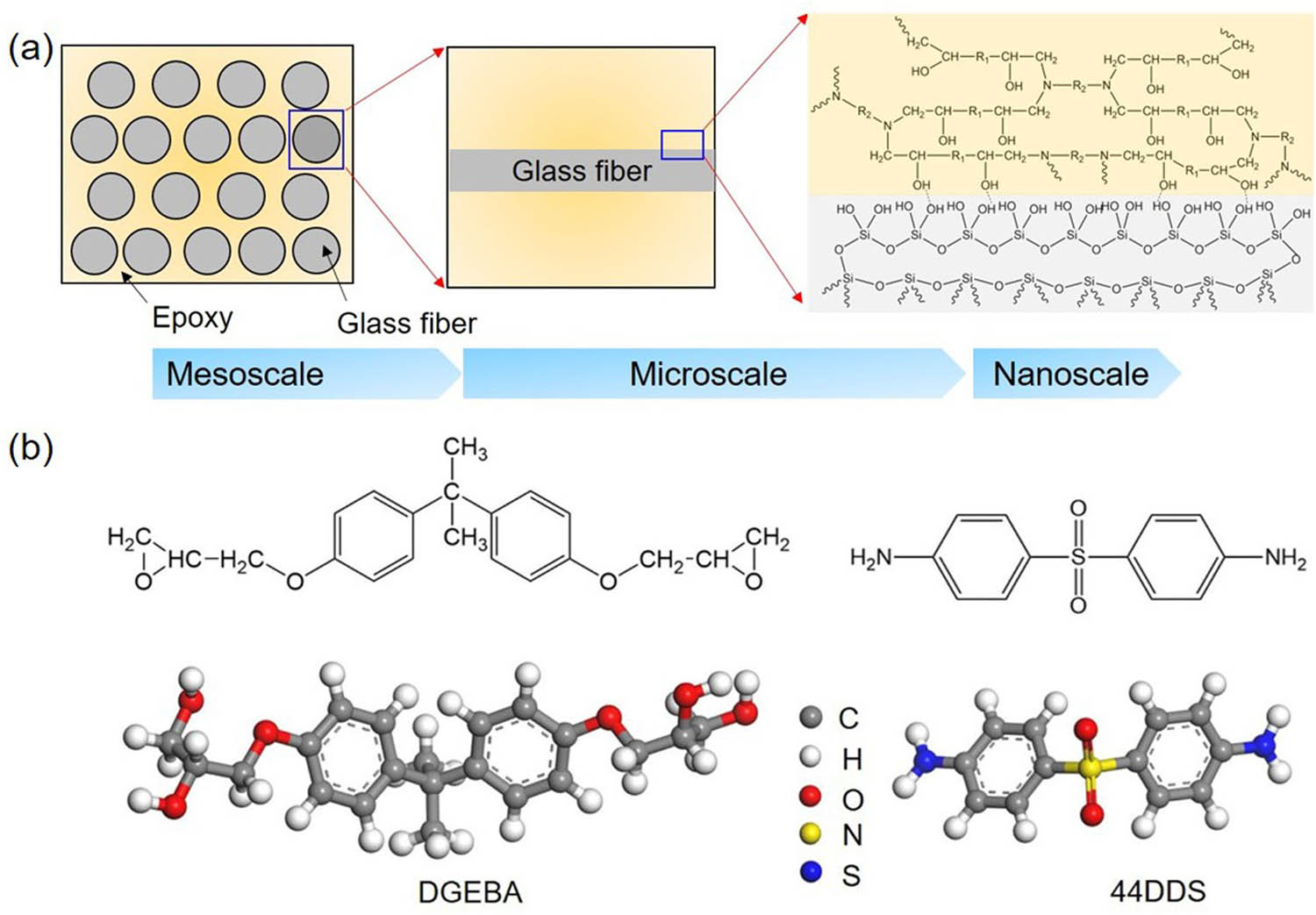 Figure 1 
                  (a) Multiscale structures of glass fiber-reinforced epoxy composites. (b) Molecular structures of DGEBA and 44DDS monomers of cross-linked epoxy.