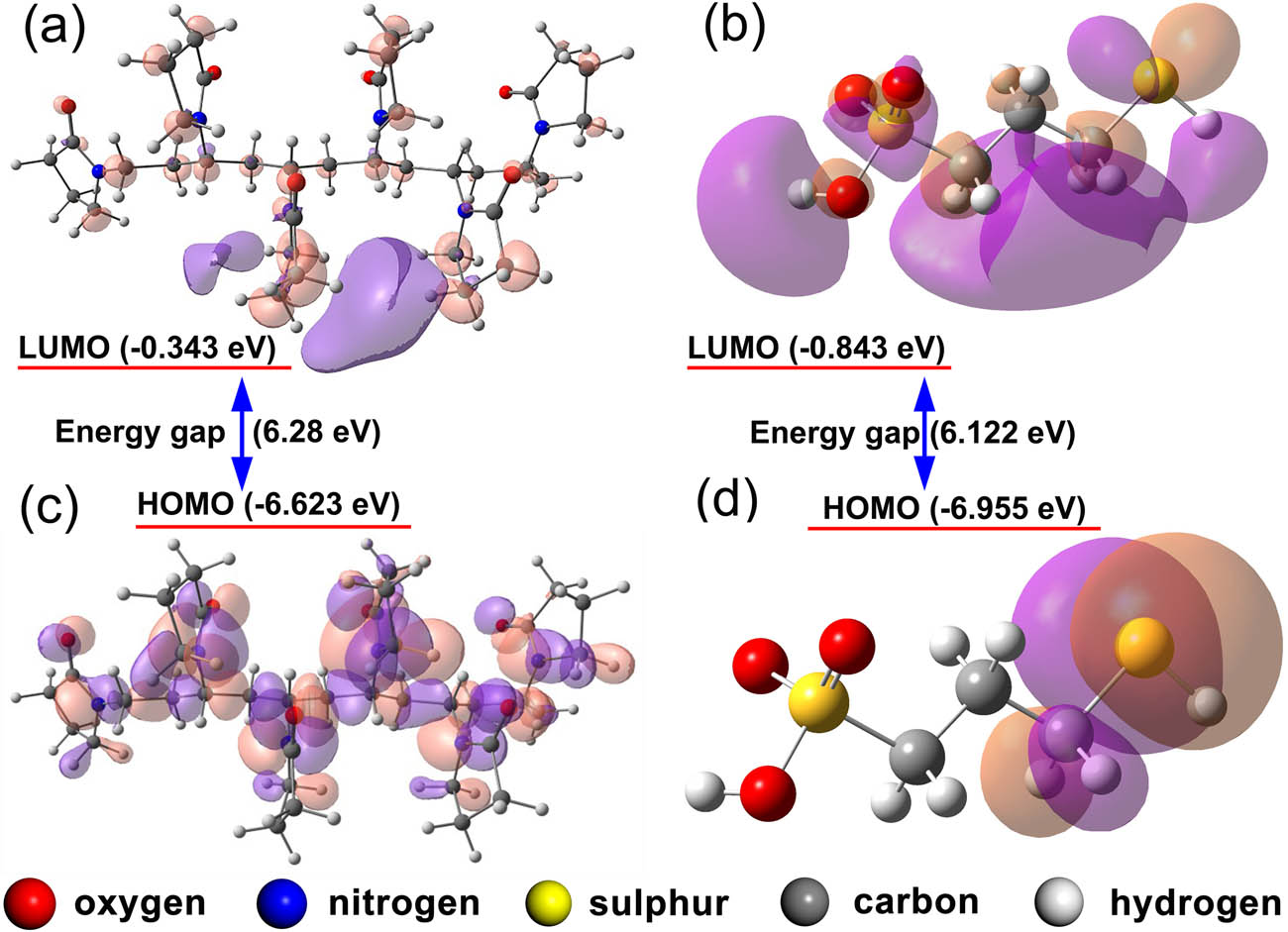 Figure 3 
                  The simulated LUMO of PVP (a) and MPS (b). The simulated HOMO of PVP (c) and MPS (d).
               