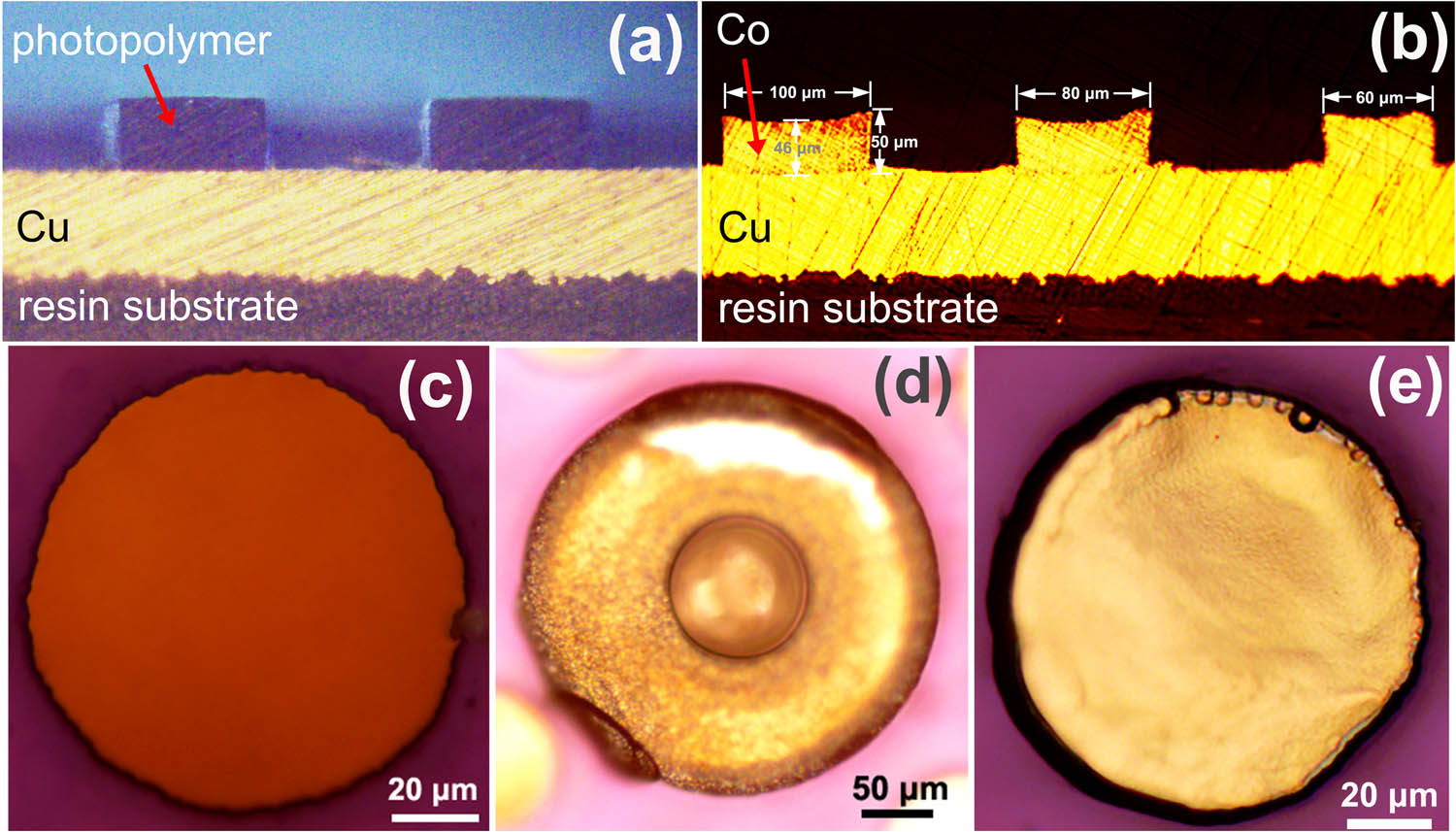 Figure 6 
                  Cross-sectional slice of the holes before electrodeposition (a) and the electrodeposited cobalt-filled holes (b). Top view of the holes before cobalt electrodeposition (c). Top view of the hole after cobalt electrodeposition in solution without additives (d) and with 7 mg/L MPS and 300 mg/L PVP (e).
               