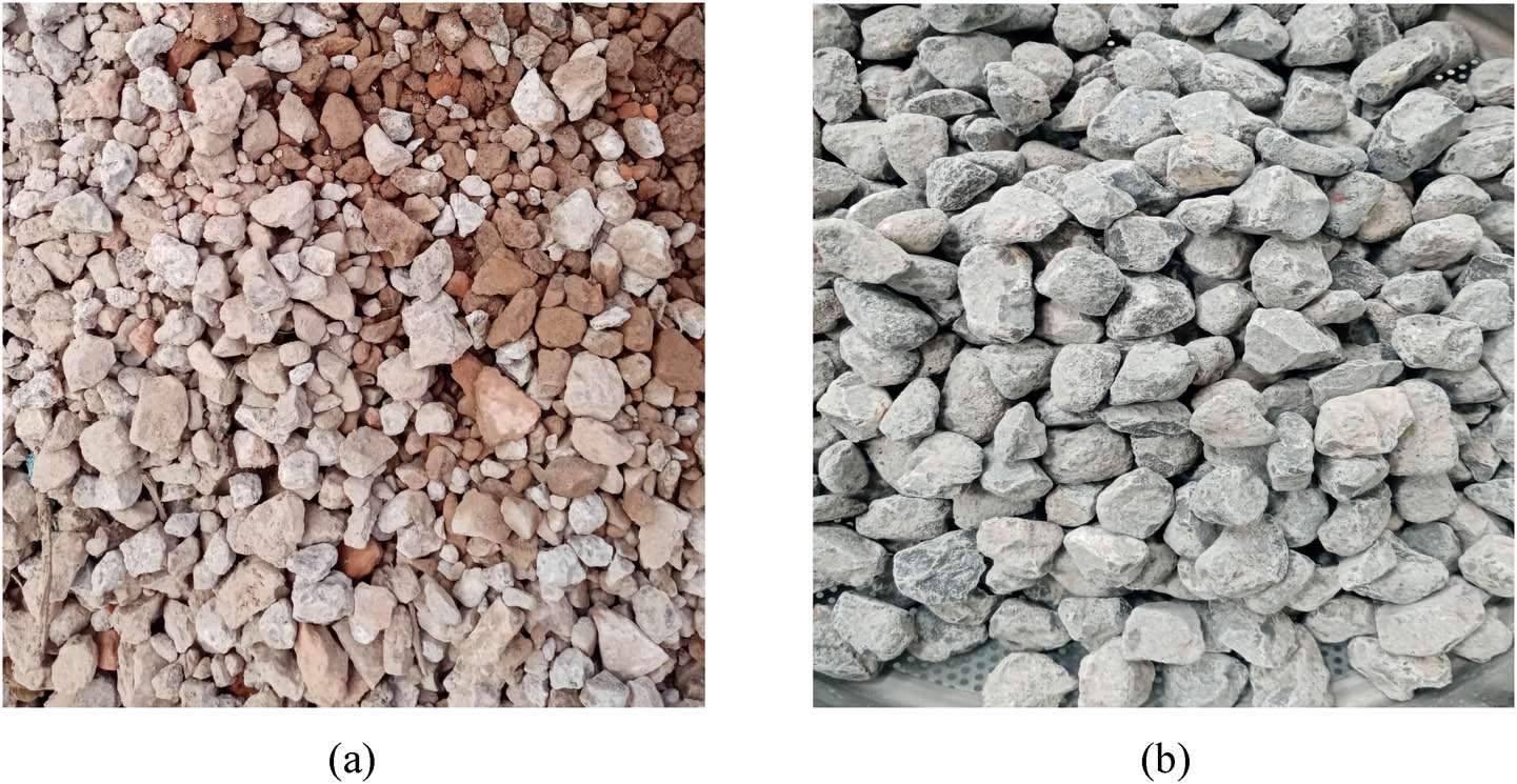 Figure 3
Comparison before and after removing mortar: (a) original RCA and (b) treated RCA.
