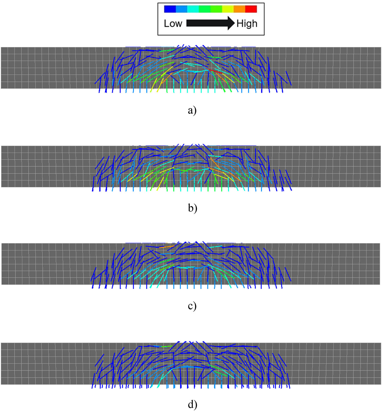 Figure 17 
                  Crack images of beam reinforced with CNTFPC rebars. (a) CNT weight ratio of 0.00, (b) CNT weight ratio of 0.01, (c) CNT weight ratio of 0.02, and (d) CNT weight ratio of 0.04.
               