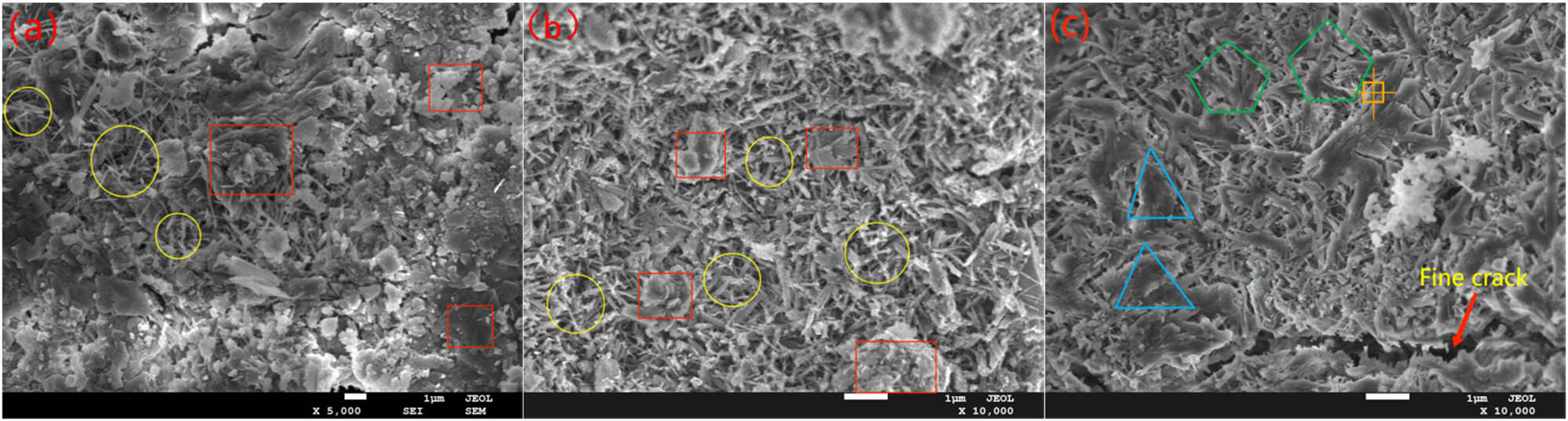 Figure 9 
                     Morphology of hydration products of GOPARMs with different PA dosage (yellow circles: AFt; red rectangles: other amorphous hydration products; green pentagon: AFt wrapped in PA; blue triangles: agglomerates composed of hydration products and PA): (a) without PA dosage; (b) PA dosage 5 wt%; (c) PA dosage 10 wt%.
                  