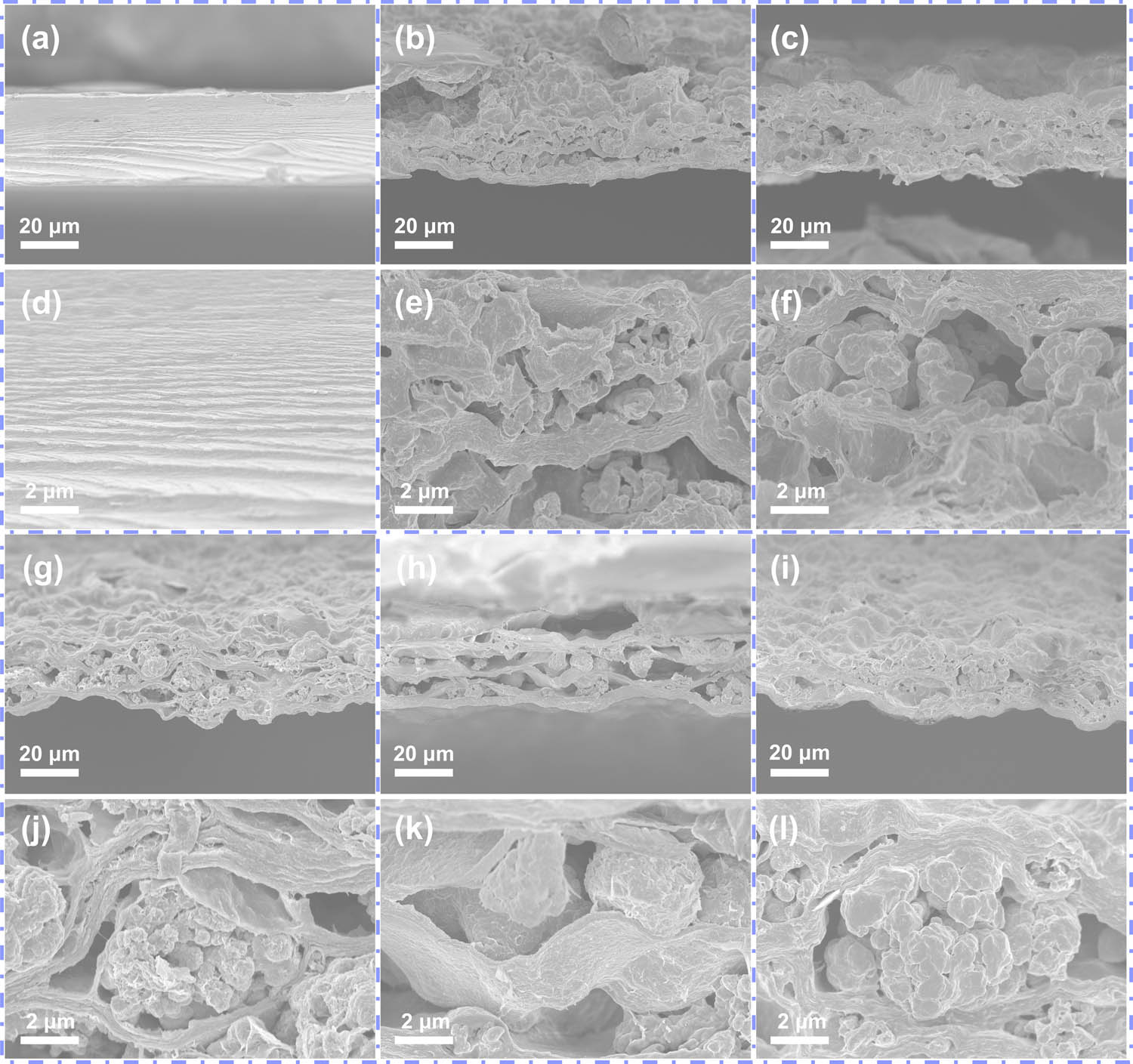 Figure 3
Sectional and their enlarged SEM images of (a and d) pure CNF film and MXene/Cu/CNF films with different copper powder diameters of (b and e) 0.1, (c and f) 0.5, (g and j) 1, (h and k) 2 and (i and l) 5 μm, respectively.
