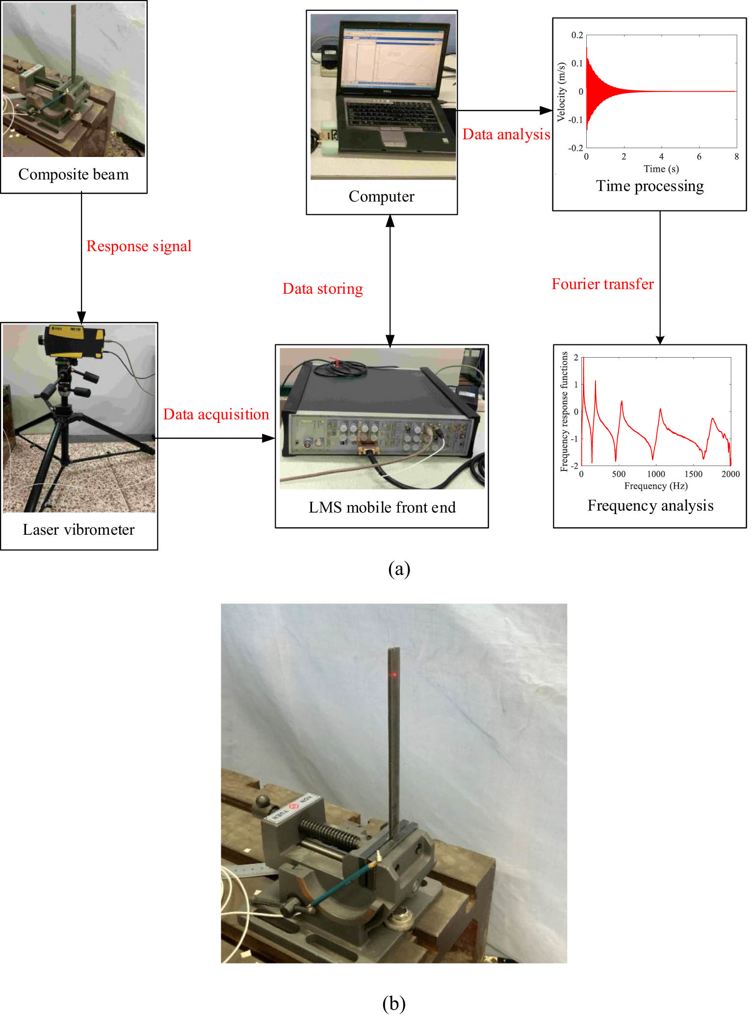 Figure 4 
                  Vibration test setup: (a) schematic diagram of measuring system; (b) enlarged picture of cantilever beam sample.
               