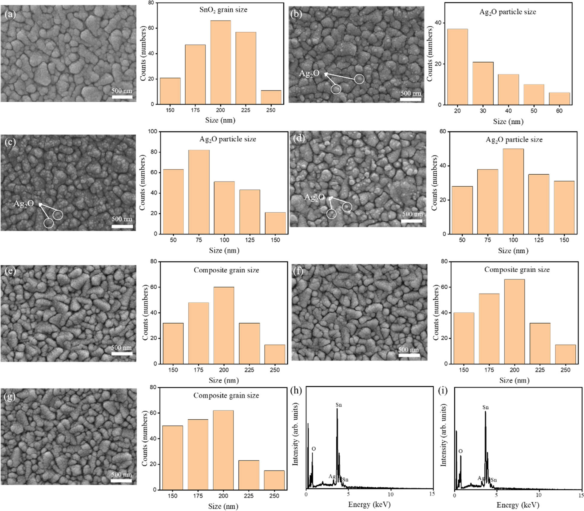 Figure 2 
               SEM top view images: (a) pristine SnO2, (b) SA130, (c) SA200, (d) SA270, (e) CSA130, (f) CSA200, and (g) CSA270. The corresponding SnO2 surface grain size, Ag2O particle size, and composite film surface grain size distribution histograms are also shown in the insets. The representative EDS spectra of Sn, Ag, and O elements taken from the composite films: (h) SA200 and (i) CSA270.
            