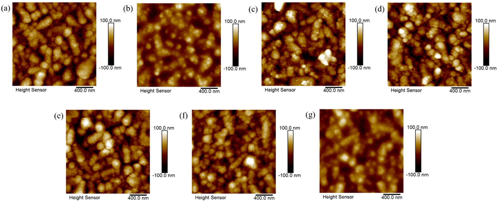 Figure 5 
               AFM images: (a) pristine SnO2 film, (b) SA130, (c) SA200, (d) SA270, (e) CSA130, (f) CSA200, and (g) CSA270.
            