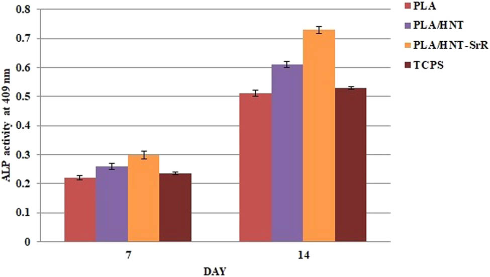 Figure 8 
                  ALP activity of the hASCs on the prepared scaffolds (p < 0.05).
               