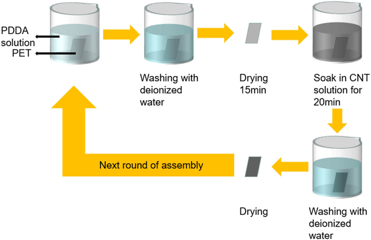 Figure 1 
                  Assembly flowchart of self-assembly CNT film.
               