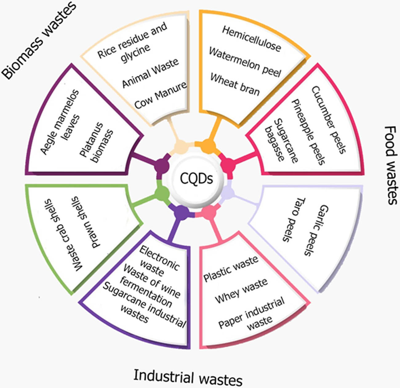 Figure 12 
                        Wastes used as precursors for synthesizing CQDs.
                     