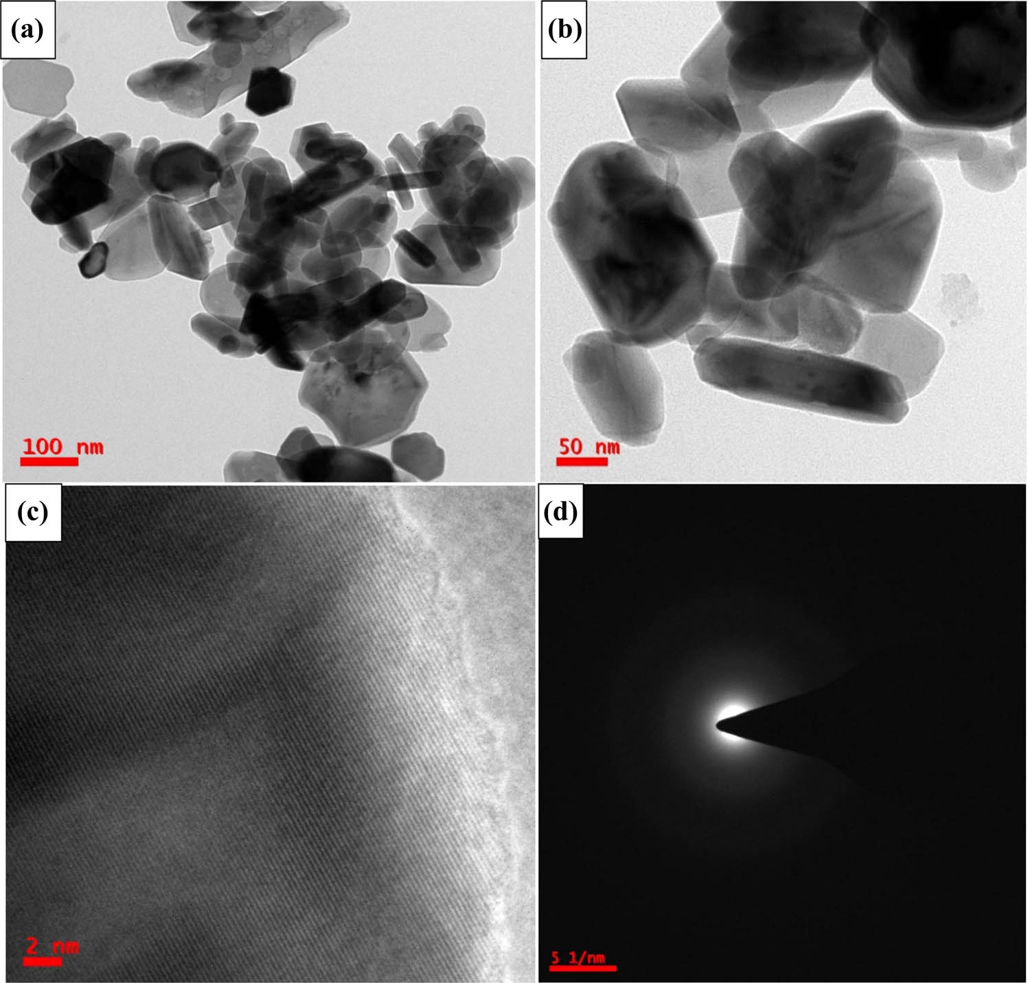 Figure 21 
                     (a) and (b) TEM images of iron oxide NPs, (c) d-spacing, and (d) selected area electron diffraction pattern. Copied with permission from ref. [253]; Elsevier, 2020.
                  