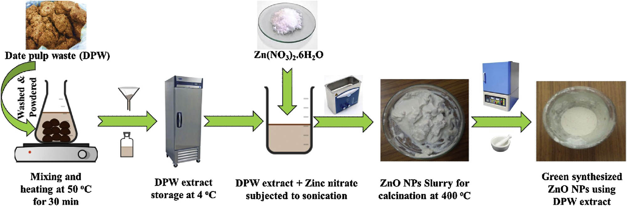 Figure 23 
                     Synthesis steps of ZnO NPs. Copied with permission from ref. [275]; Elsevier, 2021.
                  