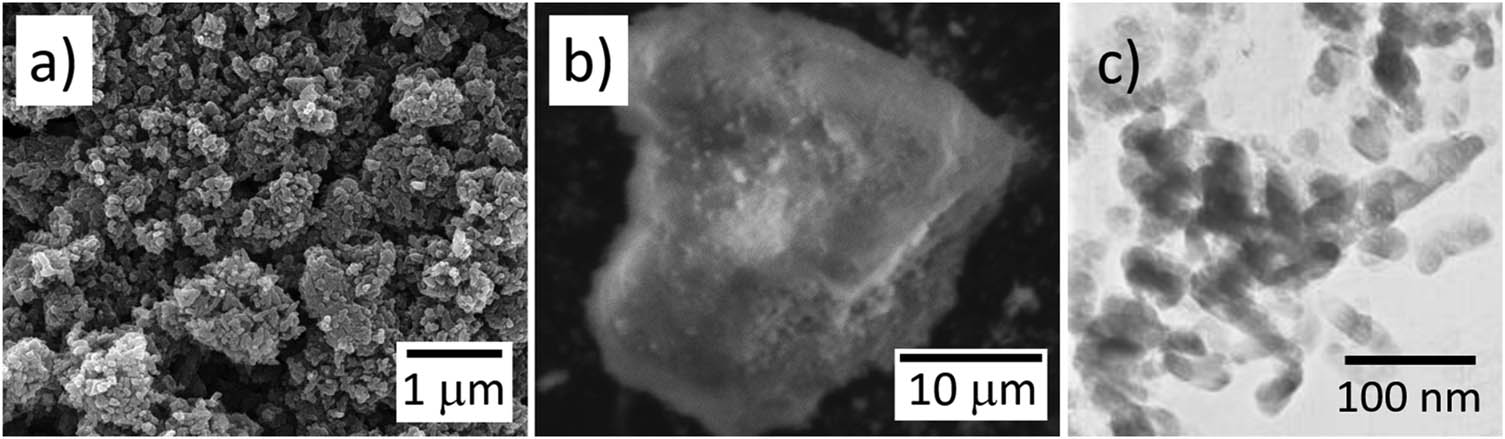 Figure 5 
                  Representative images of the HA powder, SEM images (a) before and (b) after calcination at 700oC for 2 h, and (c) TEM image of the uncalcined powder.
               