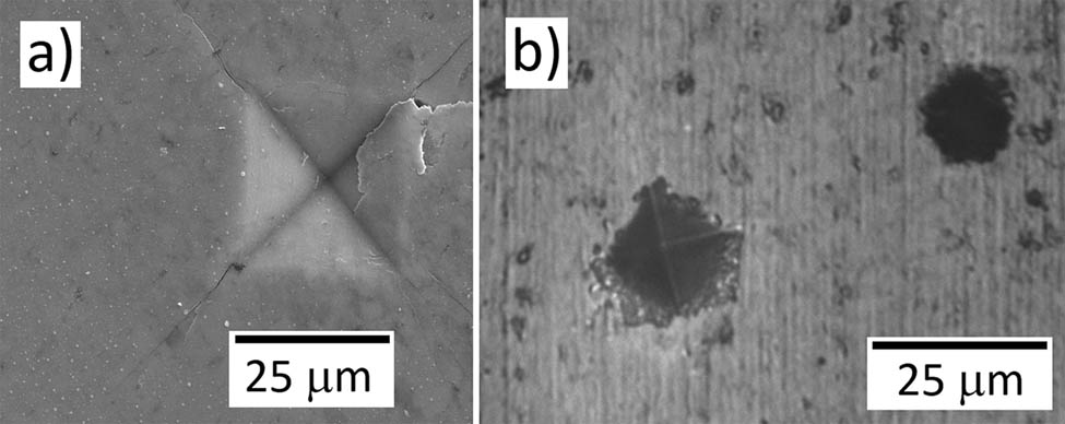 Figure 11 
                  Representative images of residual hardness impressions on the cross-section of the HA extrudate (a) at the head zone (RD of 99%) and (b) at the extruded zone with RD of 77%.
               
