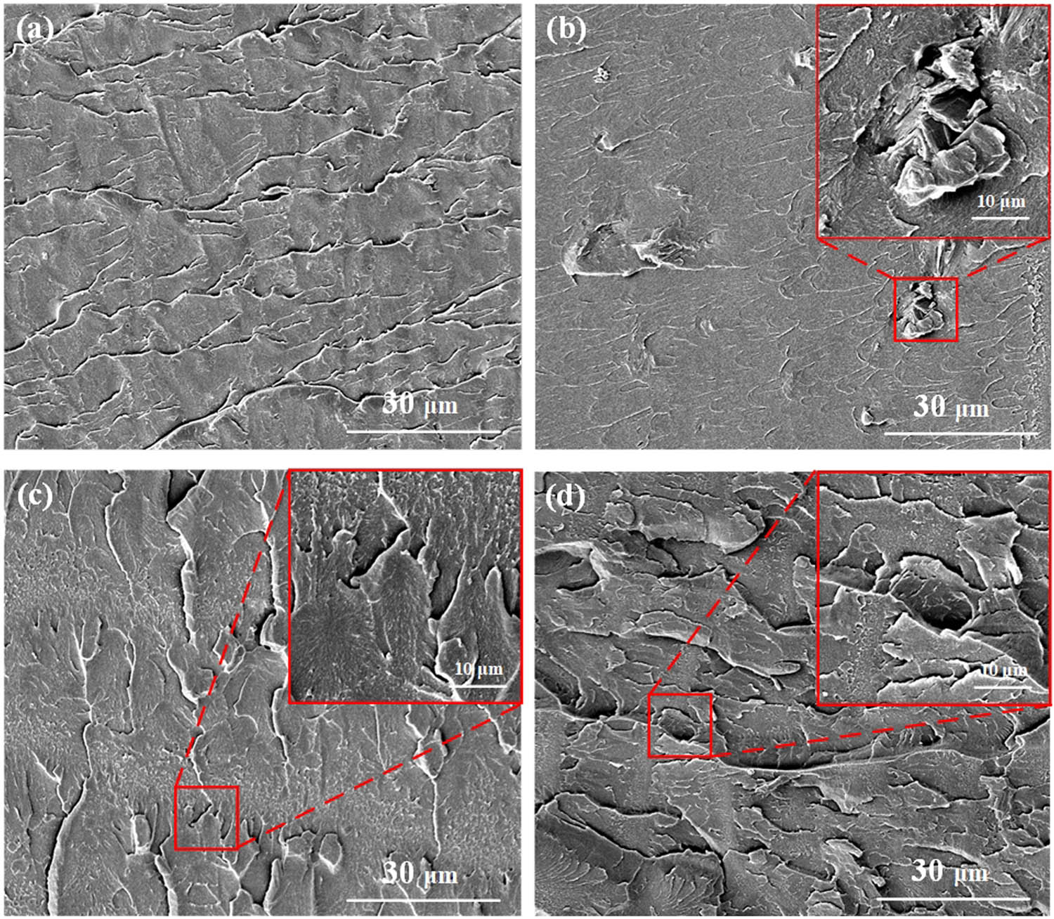 Figure 2 
                  SEM images of SMGO/EP composites with the GO content of (a) 0 vol%, (b) 0.5 vol%, (c) 1.0 vol%, and (d) 1.5 vol%.
               