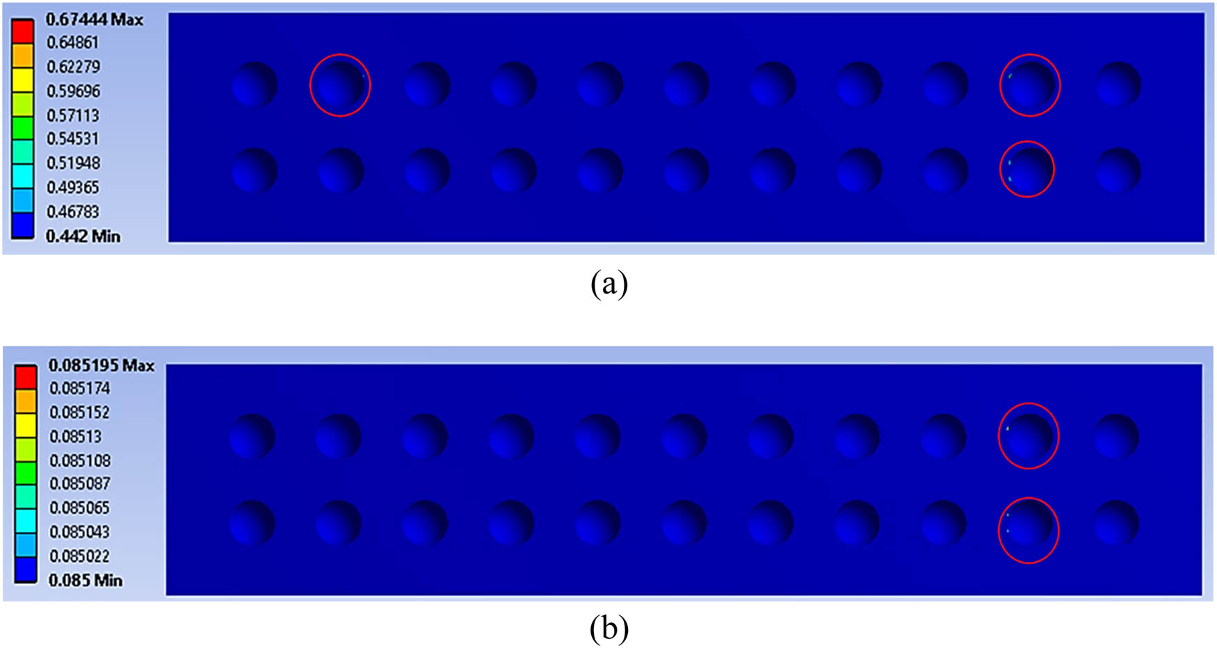 Figure 14 
                  Damage distribution to the core panel at (a) 70% and (b) 50% of cyclic loading conditions (red circle indicates the maximum damage value at the core panel).
               