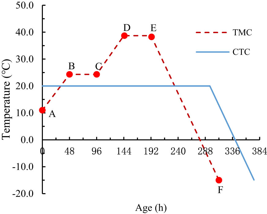 Figure 1 
                        Schematic diagram of the designed TMC and CTC for guiding TSTM tests of the three face-slab concretes.
                     