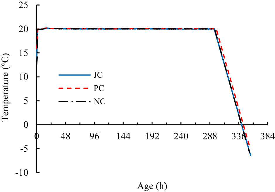 Figure 5 
                  Measured temperature curves of the three concretes under CTC mode.
               
