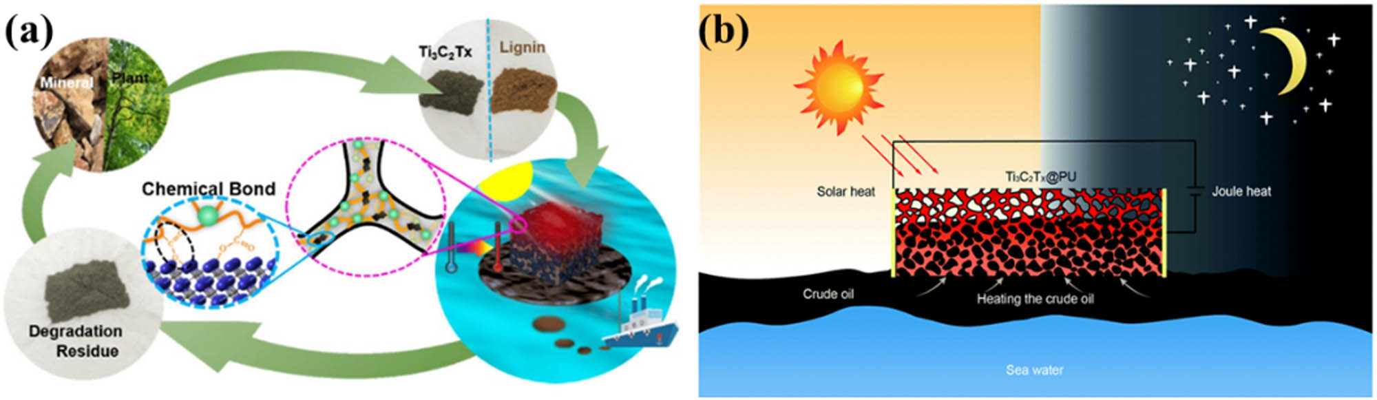 Figure 3 
                  (a) Schematic diagram of LPUF photothermal conversion crude oil adsorption and recovery [62]. (b) Schematic illustration of all-weather Ti3C2TX@PU used for viscous oil cleanup [63].
               