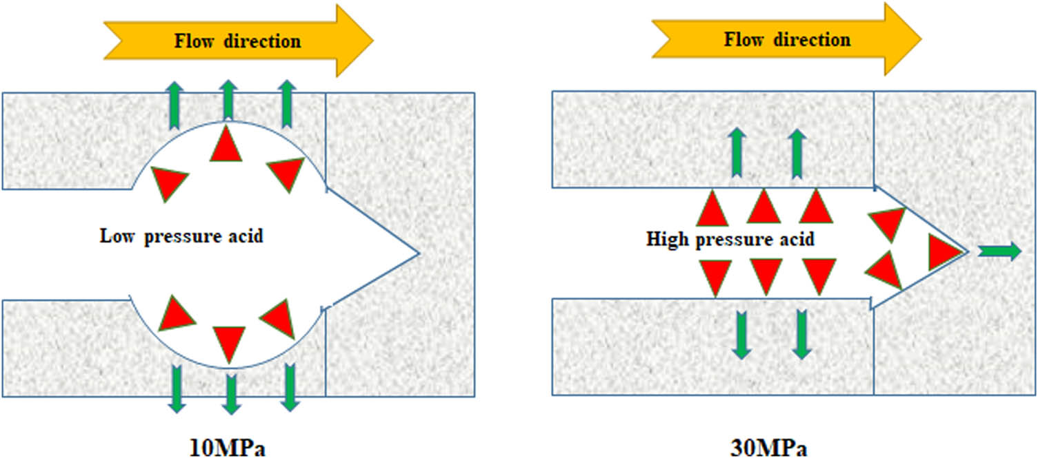 Figure 7 
                  Acidification position and effect of acid in carbonate rock reservoirs under different pressures: (a) 10 MPa of reservoir pressure; (b) 30 MPa of reservoir pressure.
               