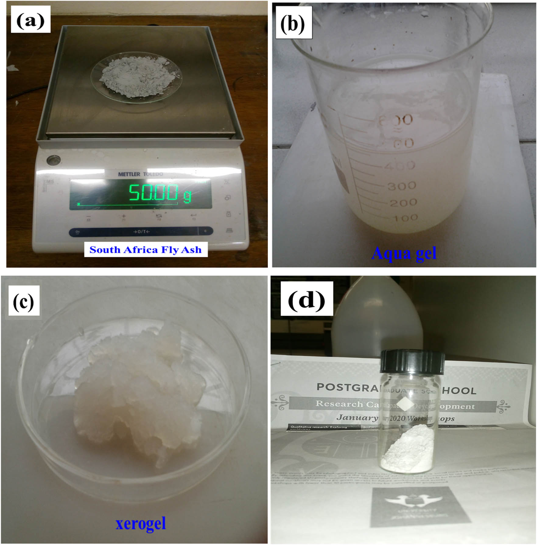 Figure 1 
                  (a) South African fly ash, (b) aqua gel, (c) xerogel, and (d) extracted SNPMW.
               