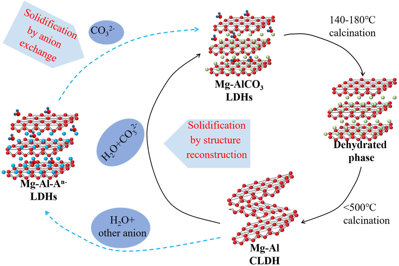 Figure 5 
                  Process of thermal decomposition, structural reconstruction, and 
                        
                           
                           
                              
                                 
                                    CO
                                 
                                 
                                    3
                                 
                                 
                                    2
                                    −
                                 
                              
                           
                           {\text{CO}}_{3}^{2-}
                        
                      binding process of LDHs.
               