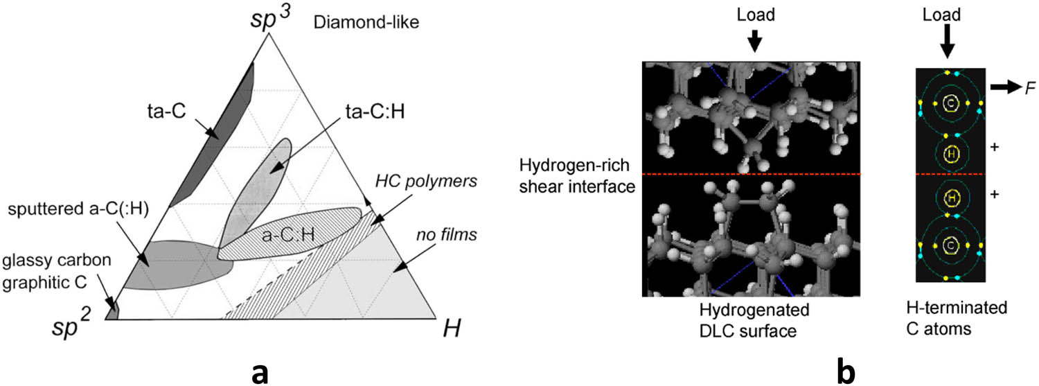 Figure 1 
               (a) Ternary phase diagram for various DLC films concerning their sp2, sp3, and hydrogen contents [35]. (b) The proposed nonadhesive interface model is based on surface hydrogen passivation [36].
            