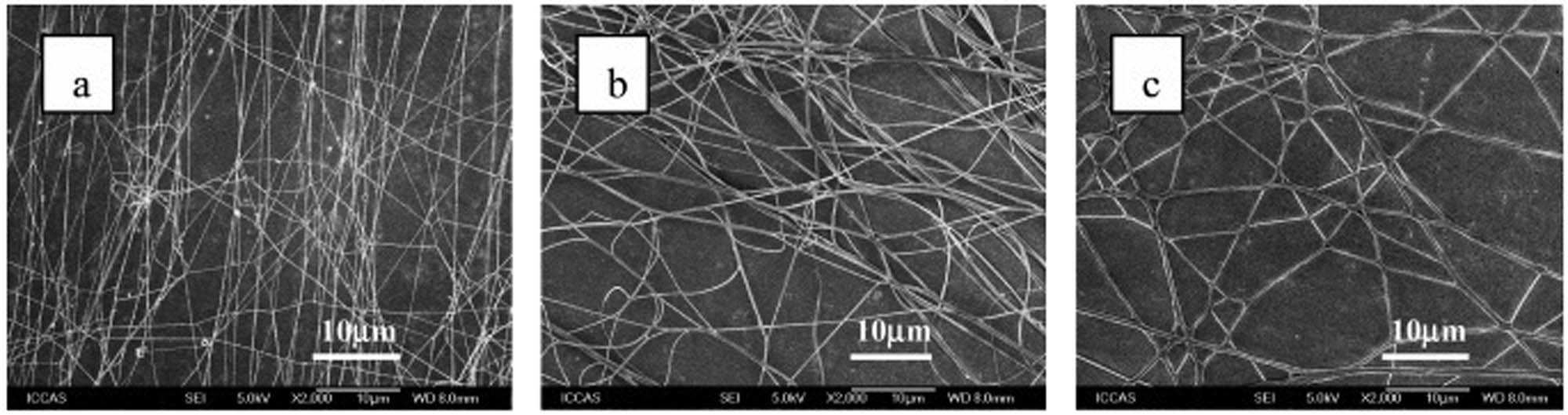 Figure 9 
               Scanning electron microscopic images of SA fibers electrospun from SA solution with different concentrations: (a) 1.6, (b) 2.0, and (c) 2.4 w/v%. The volume ratio of glycerol to water was constant (2/1). Image reprinted with permission from [107]. Copyright: 2008 American Chemical Society.
            