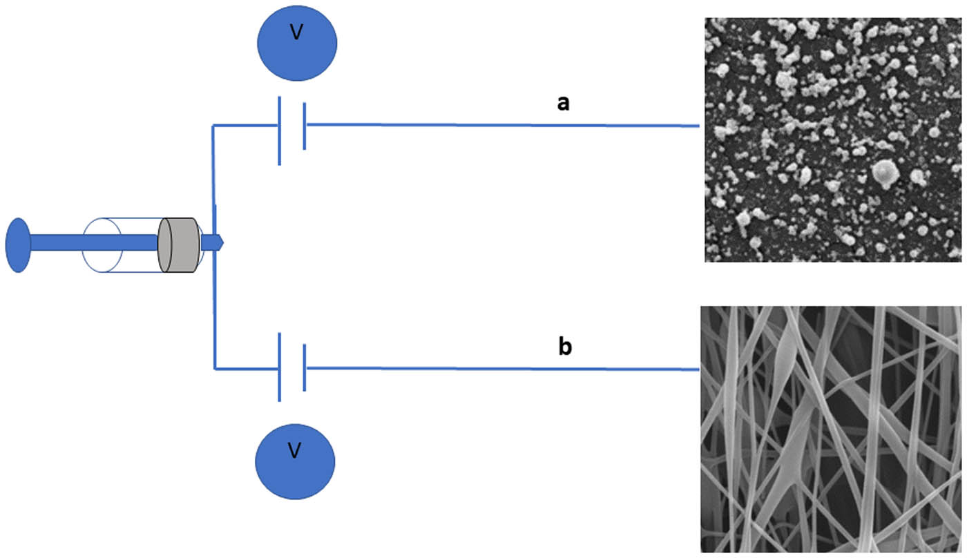 Figure 10 
               Schematic illustration of electro spraying (a) and electrospinning (b). Source: Author.
            