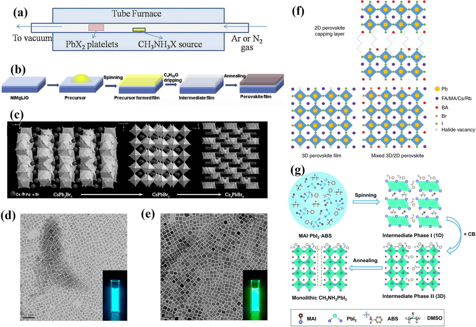 Figure 3 
                     (a) The schematic of the synthesis setup for 2D perovskite nanoplate using a home-built vapor-transport system, reproduced with permission from ref. [53]. Copyright 2014, Wiley-VCH. (b) The solvent engineering procedure for preparing the uniform and dense inorganic CsPbI2Br perovskite film, reproduced with permission from ref. [55]. Copyright 2018, Elsevier. (c) A clear crystal structure transformation in the synthesis process of the all-inorganic cesium lead bromide halide, reproduced with permission from ref. [57]. Copyright 2018, Wiley-VCH. TEM images of CsPbBr3 PNCs synthesized at (d) 120°C (NPLs) and (e) 185°C (nanocubes), reproduced with permission from ref. [60]. Copyright 2021, American Chemical Society. (f) Schematic of 2D/3D perovskite film formed via the dimensionally graded perovskite formation method, reproduced with permission from ref. [61]. Copyright 2021, Springer Nature. (g) Schematic reaction process of monolithic CH3NH3PbI3 grain from the precursor to monolithic perovskite grains, reproduced with permission from ref. [62]. Copyright 2019, The Royal Society of Chemistry.
                  