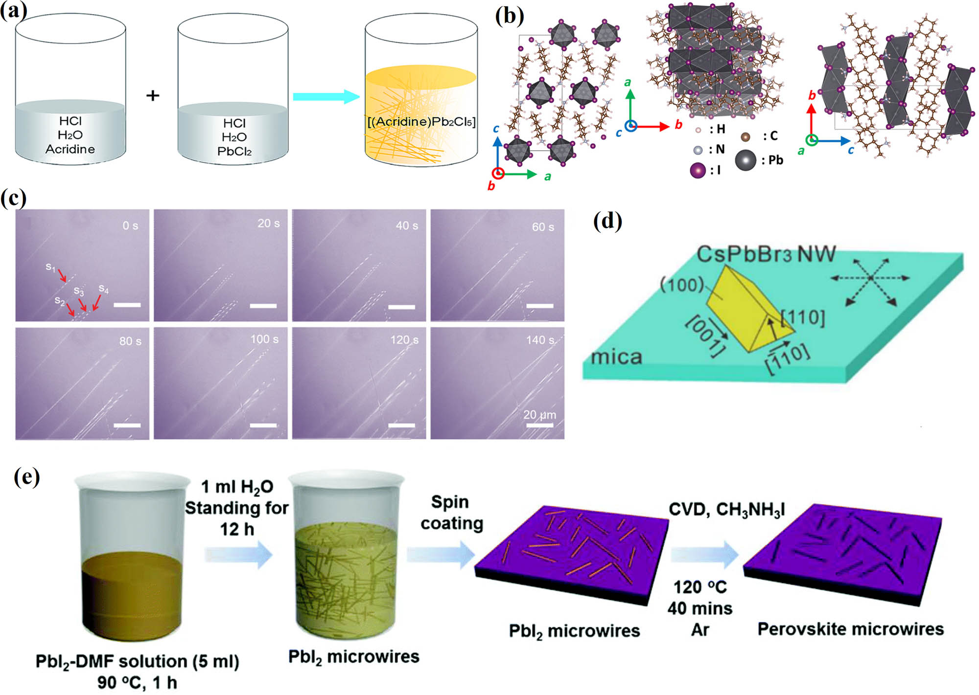 Figure 4 
                     (a) The facile synthesis process of organic–inorganic hybrid perovskite-AD crystals in aqueous solution at room temperature, reproduced with permission from ref. [64]. Copyright 2019, The Royal Society of Chemistry. (b) A diagram of the structure of the 1D perovskite, reproduced with permission from ref. [65]. Copyright 2020, American Association for the Advancement of Science. (c) Optical microscope photograph for in situ monitoring wire growth, reproduced with permission from ref. [67]. Copyright 2021, Wiley-VCH. (d) A schematic illustration of the epitaxial growth of CsPbBr3 NWs on mica, reproduced with permission from ref. [68]. Copyright 2017, American Chemical Society. (e) Schematic of the solution process to fabricate PbI2 microwires and the vapor phase conversion process to transfer PbI2 into hybrid perovskite NWs, reproduced with permission from ref. [70]. Copyright 2016, The Royal Society of Chemistry.
                  