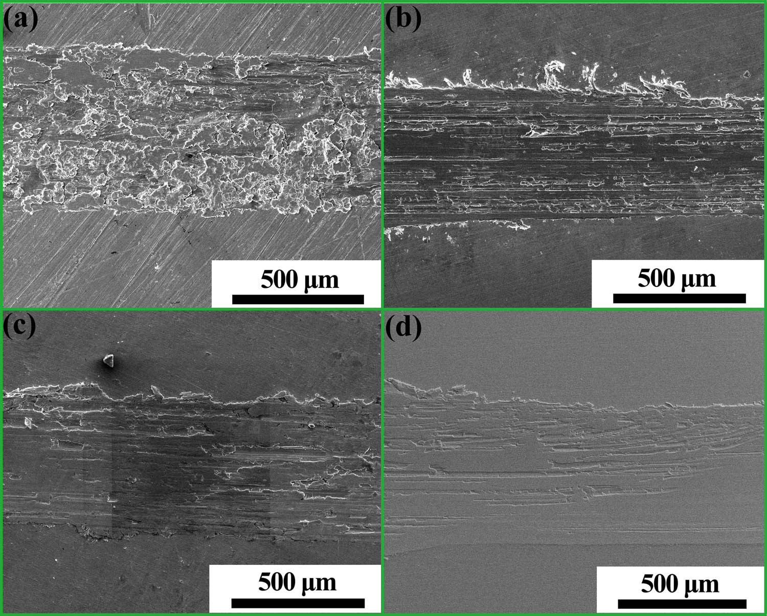 Figure 6 
                  SEM images of the friction-wear morphologies of Cu–Cr–Ti after being treated by (a) ST, (b) ITOX, (c) ST + 80% + aging, and (d) ITOX + 80% + aging.
               