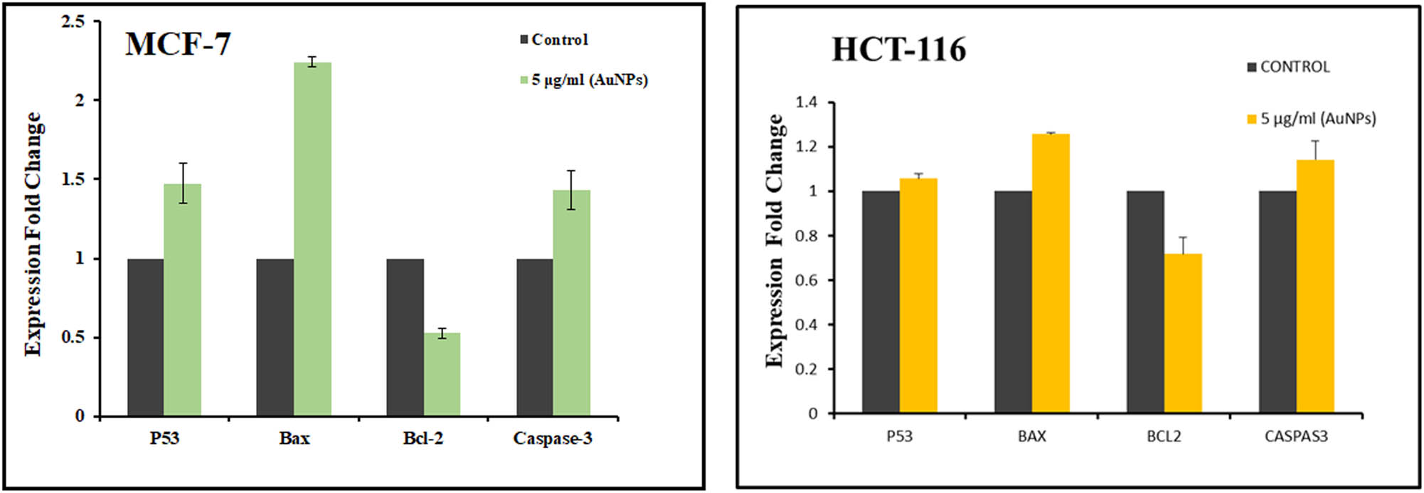 Figure 7 
                  Effect of AuNPs on pro/anti-apoptotic marker mRNA expression levels. Changes in mRNA expression levels caused by nanostructures are expressed as a fold change in relative quantity compared to control cells. Other genes’ cycle threshold values were computed using GAPDH as a control.
               