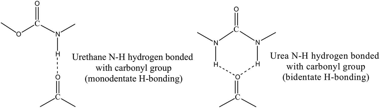 Figure 2 
                  Polyurethane and polyurea functional group and mono- and bidentate hydrogen bonding between hard segments [46].
               