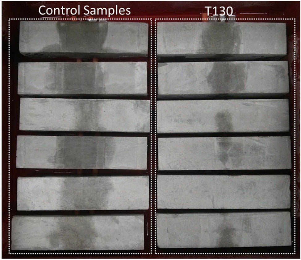 Figure 13 
                     Sorptivity measurements are taken over a 28-day healing period. Comparison of later absorbed by cement (left) control cement paste samples and (right) cement paste samples containing 4% T130 microcapsules (polyurea microcapsules). Testing is after a s7-day healing period [94].
                  