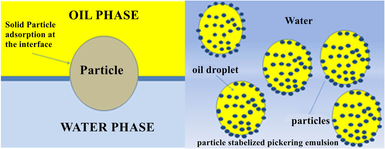 Figure 9 
                  Emulsion stabilization by adsorption of solid particles at oil–water interface [199].
               