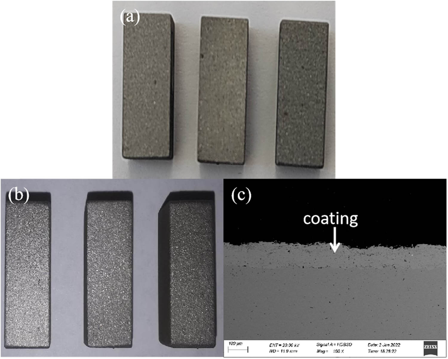 Figure 2 
                  (a) The macro-morphology of base material. (b) Photos and (c) cross-section scanning electron microscope images of 316L wire coatings by explosive spraying.
               