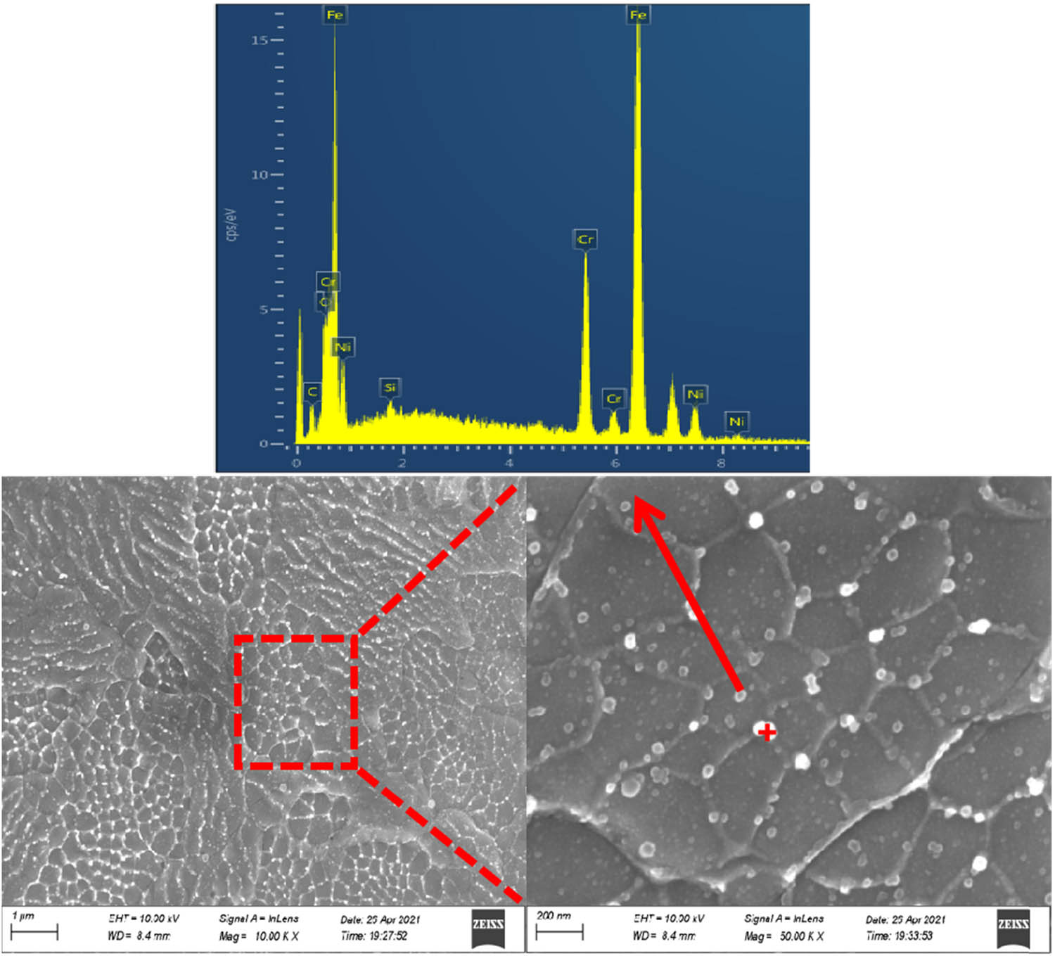 Figure 6 
                  SEM images and EDS spectrum of the coating prepared by electrical explosion spraying.
               