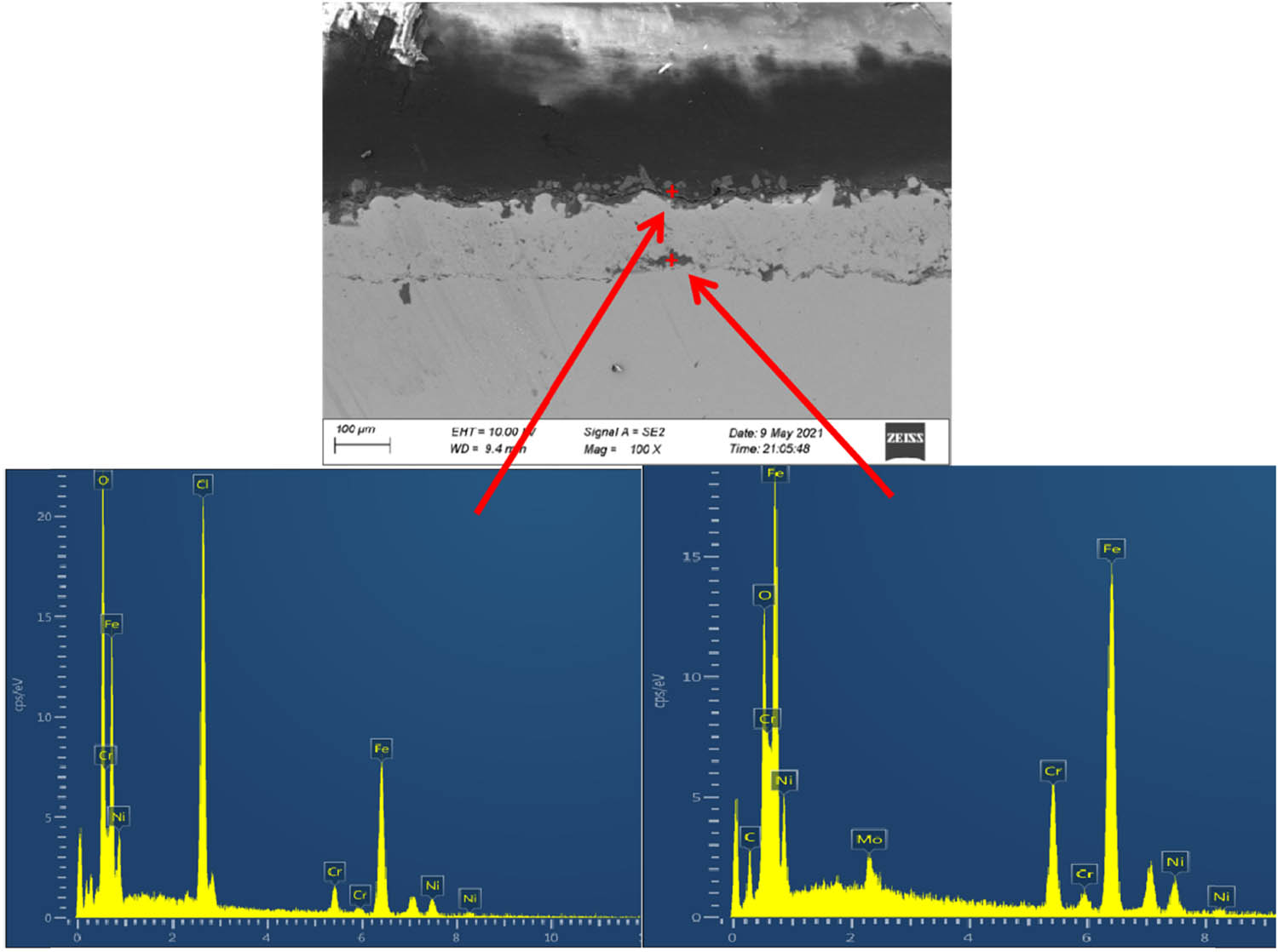 Figure 9 
                  SEM image and EDS spectra of the cross-section of the coatings prepared by electrical explosion spraying after corrosion test at 60°C for 168 h in oil–water system.
               