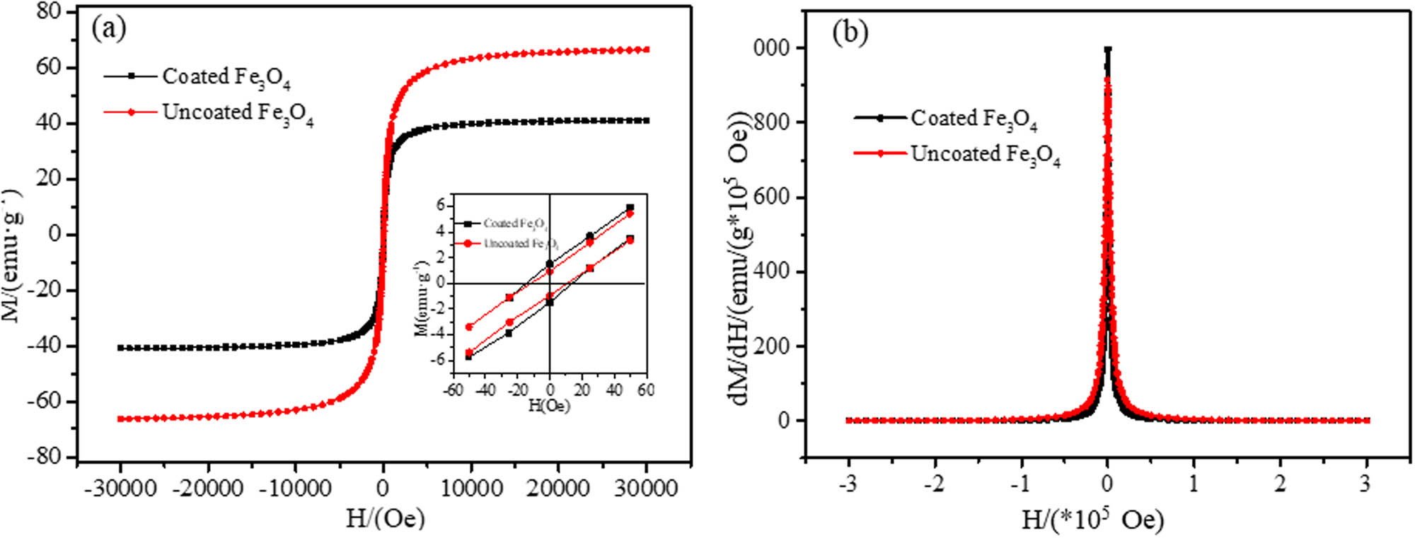 Figure 3 
                     Hysteresis loop curves for uncoated and dextran-coated Fe3O4 magnetic nanoparticles (a) and corresponding susceptibility curve (b). Inset: Hysteresis loops of both samples at the low external magnetic field (a).
                  