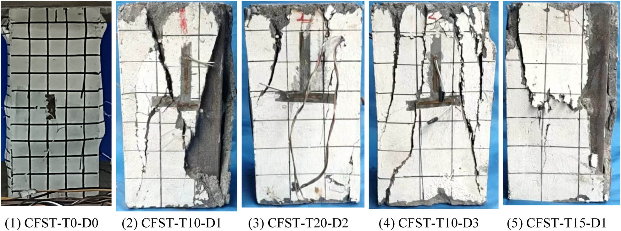 Figure 5 
                  Failure mode of specimens under axial compressive loading.
               