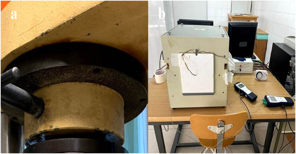 Figure 2 
                  Flexural test (a) and insulating cube employed to measure thermal properties (b).
               