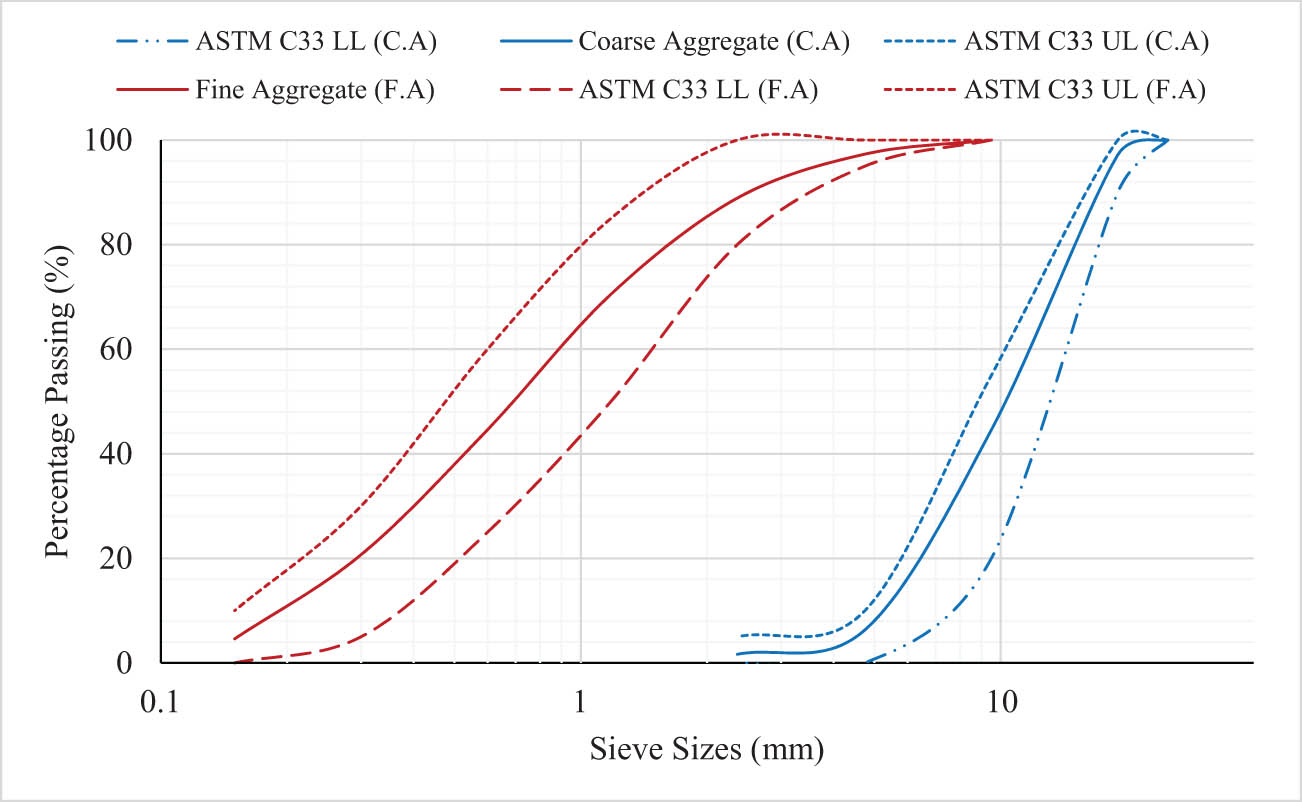 Figure 2 
                  Particle size gradations of aggregates.
               