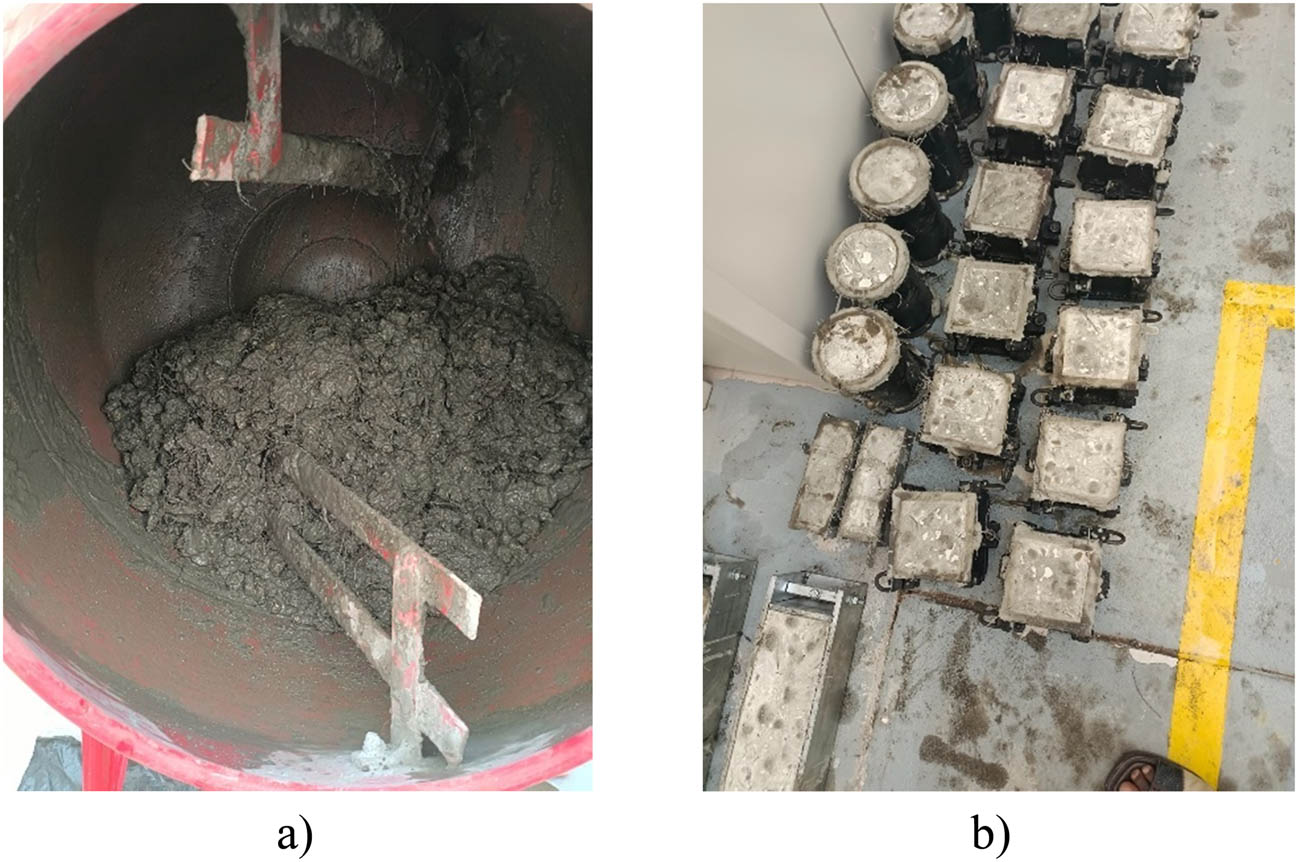 Figure 4 
                  Preparation of samples [8,36]: (a) mixing fresh concrete and (b) hardened samples.
               