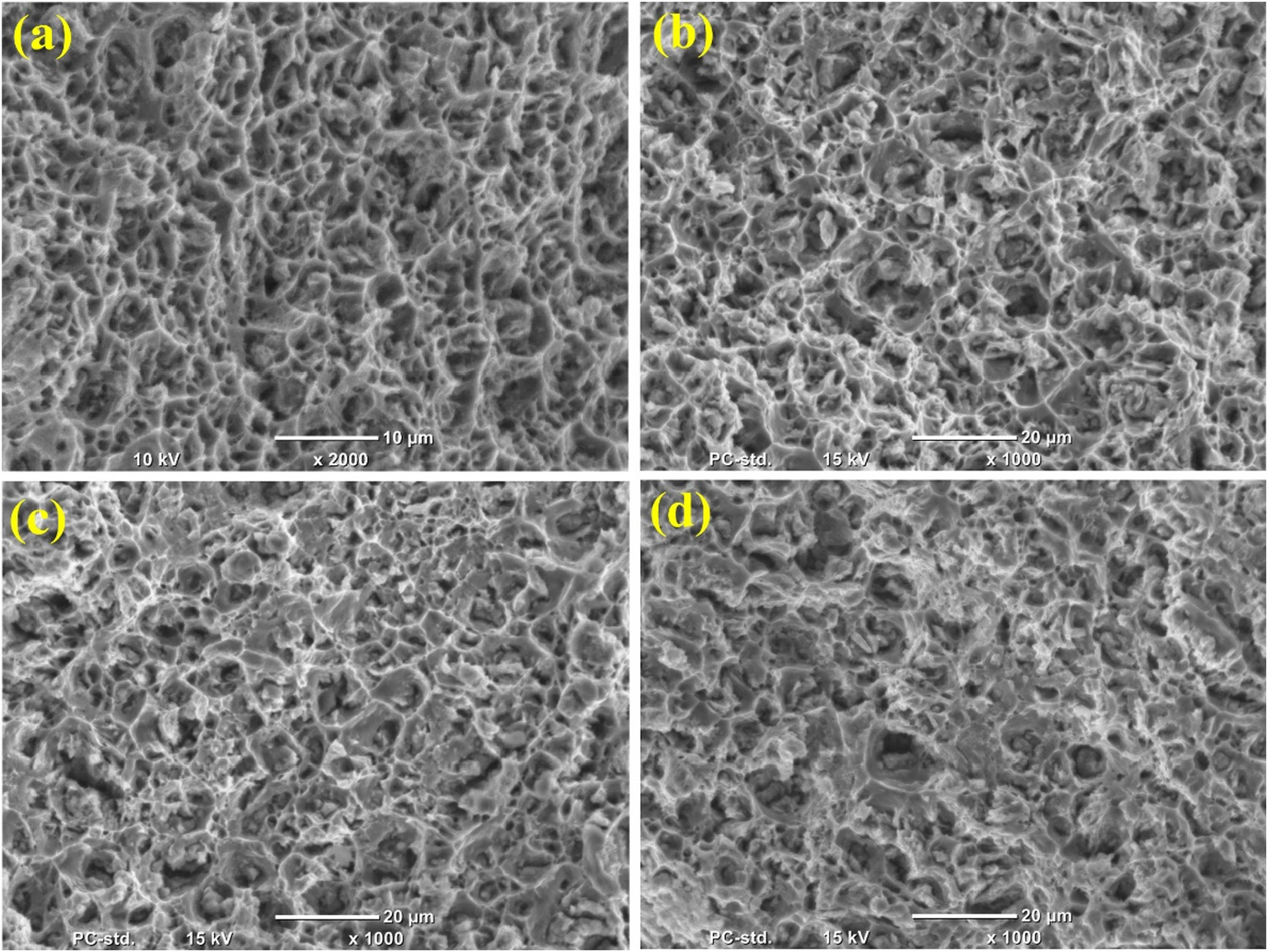 Figure 28 
                  (a–d) Surfaces of Al–TiC nanocomposites that have undergone tensile fracture [191].
               