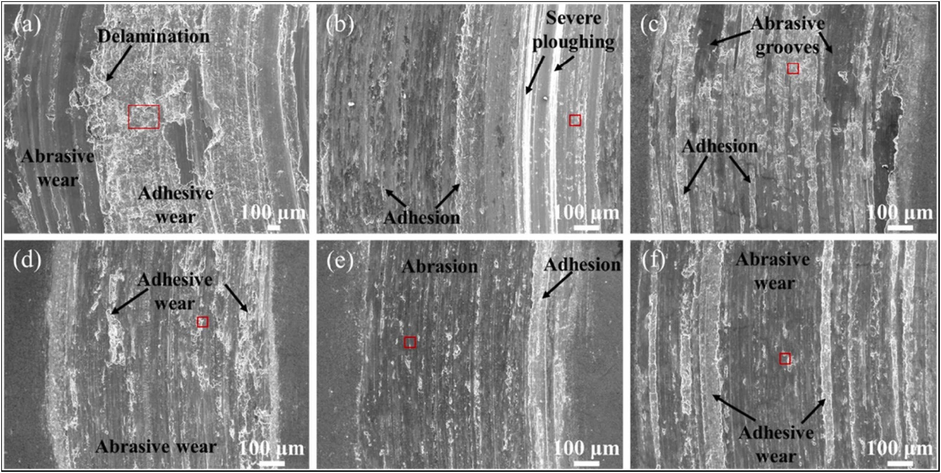Figure 32
Worn surfaces of developed composites after wear test for varying reinforcements. (a) Al, (b) Al-10 T, (c) Al-9.5 T-0.5 G, (d) Al-9 T-1 G, (e) Al-8.5 T-1.5 G and (f) Al-8 T-2 G.